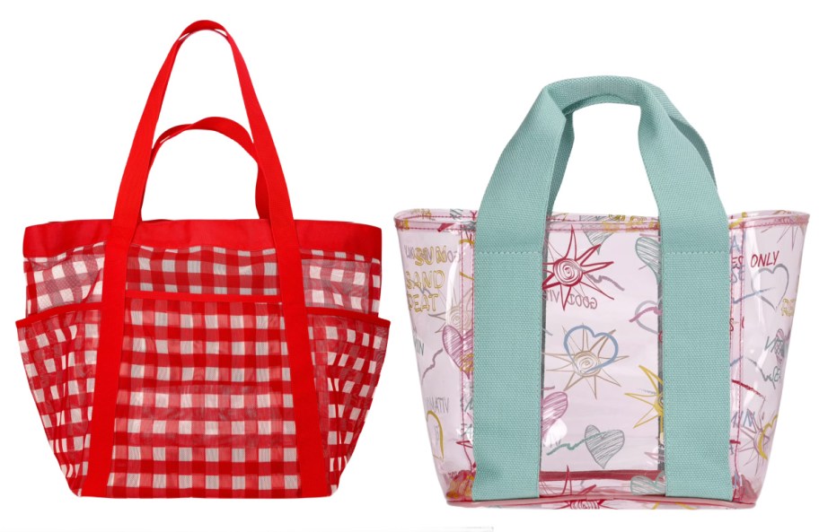 red gingham bag and pink and teal tote bag