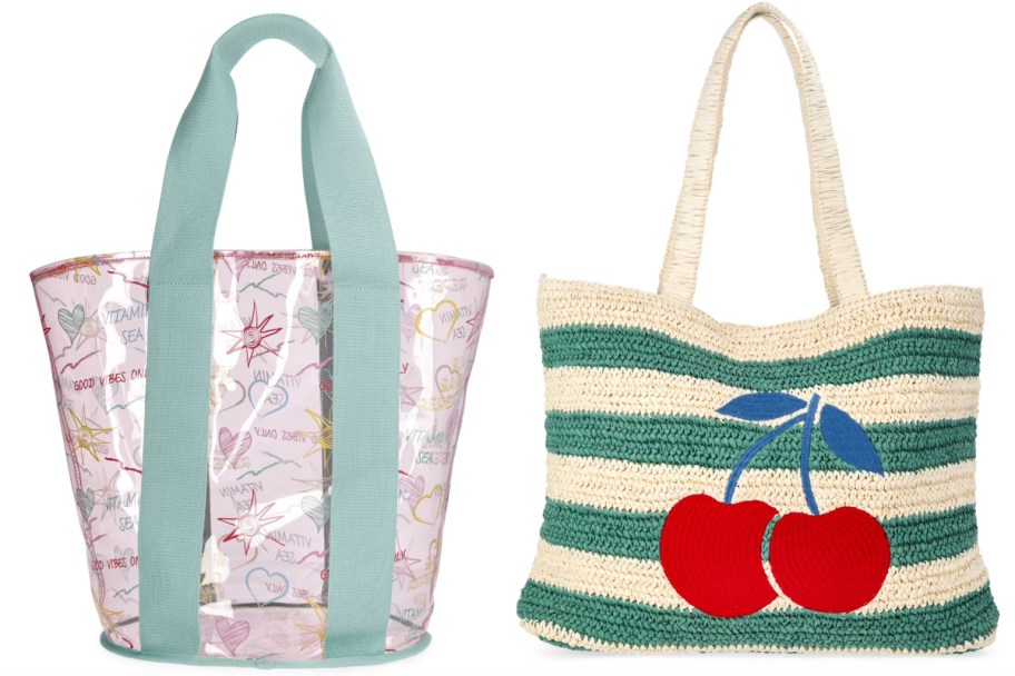 pink and teal clear tote and striped cherry bag