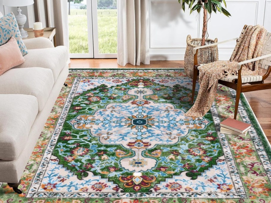 A patterned area rug laid out in a living room.