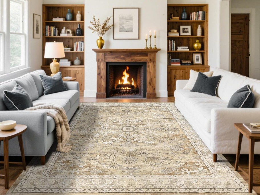 A patterned area rug laid out in a living room.