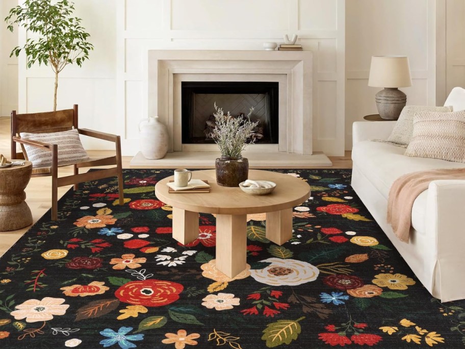 A patterned area rug laid out in a living room.