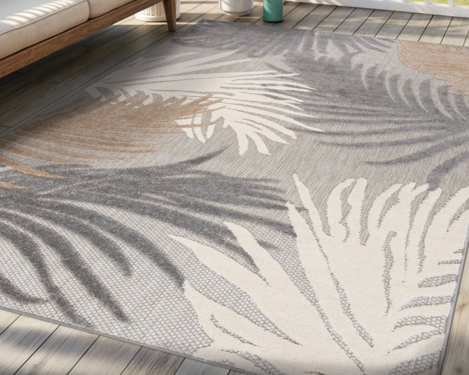 grey and white leaf floral area rug