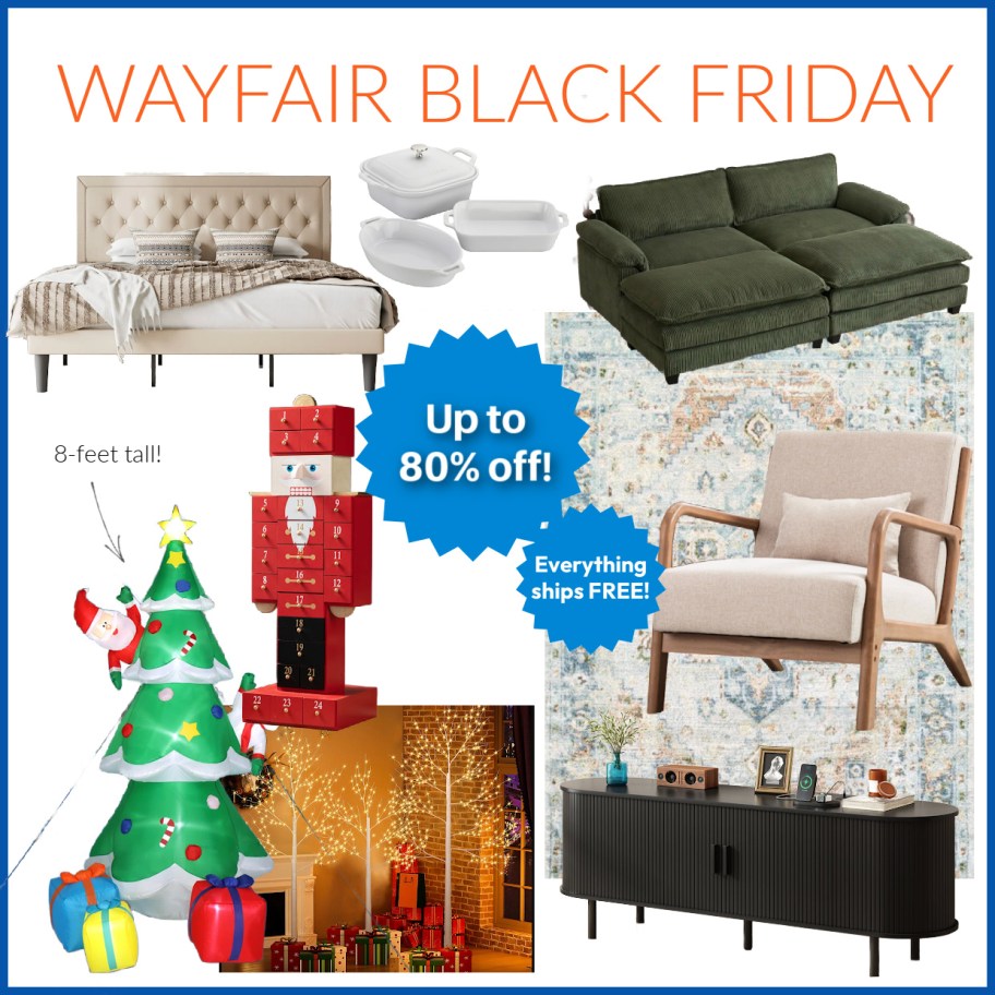 bed frame, green couch, holiday decor, and more in collage