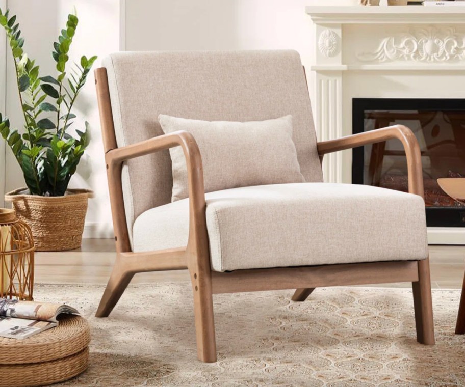 beige and wood natural armchair