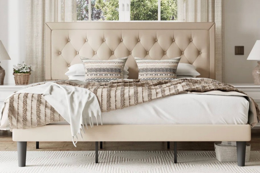 beige linen tufted bed frame