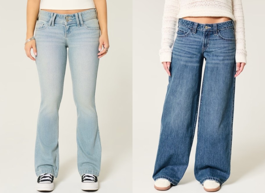 a model in low rise boot jeans and a woman in a pair of low rise super baggy jeans