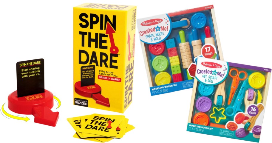 A Spin the Dare game and a Melissa & Dough clay playset.