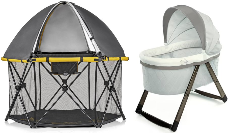 black and yellow mesh play yard and green and brown bassinet with cover