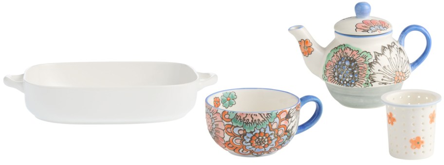 white baking dish and floral colorful teapot and cup 