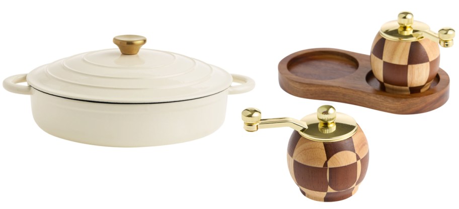 white cast iron pan and brown checkered grinder set 