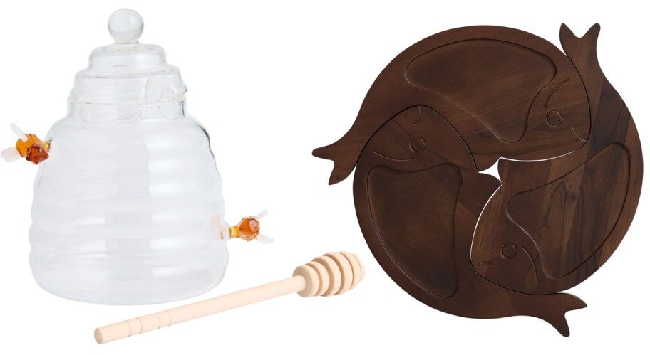 glass honeypot and fish serving board 