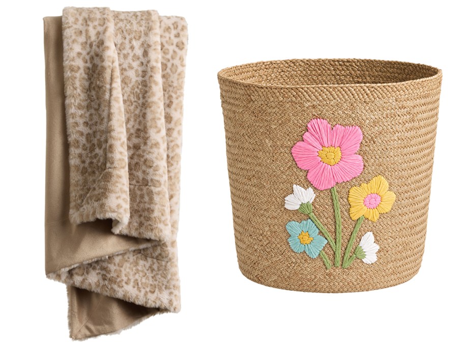 leopard print throw blanket and seagrass floral basket 