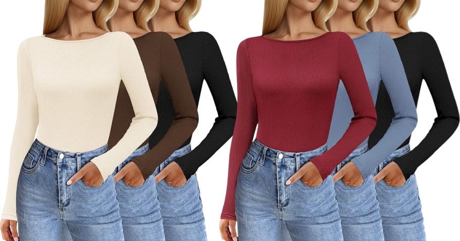 6 women wearing the same long sleeve shirt in different colors