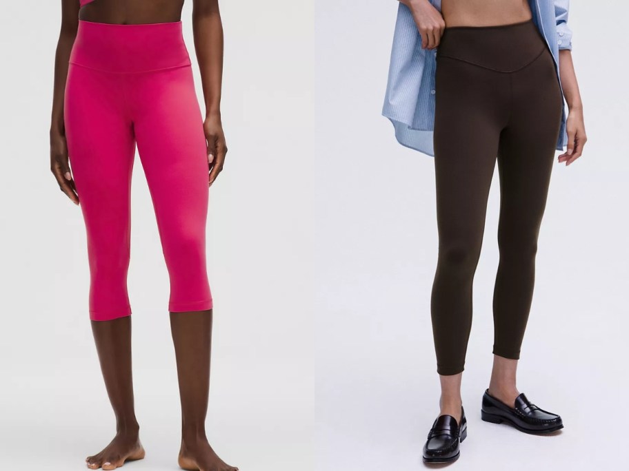 lower half of 2 women wearing different colors of leggings