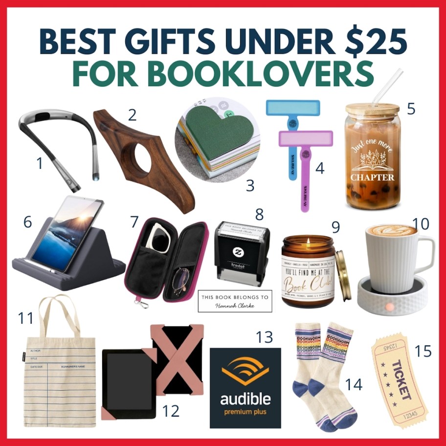 best gifts for under $25 for booklovers collage graphic of random items