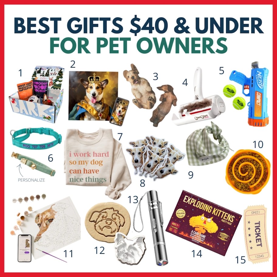 best gifts 40 dollars and under for pet owners collage graphic