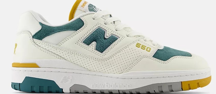 a white and green men's New Balance shoe