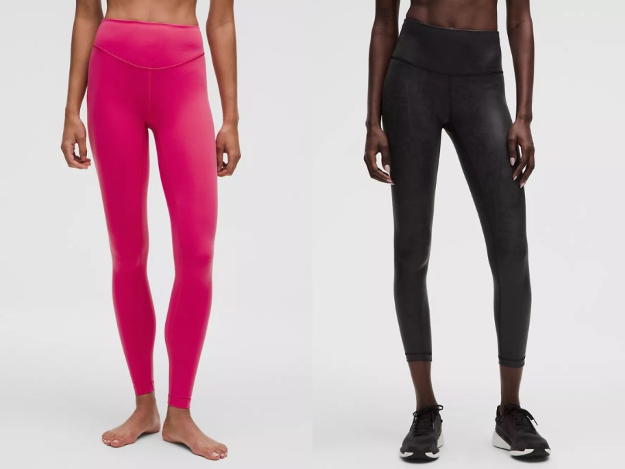 lower half of 2 women wearing different colors of leggings
