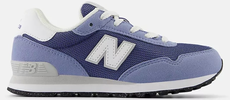 a blue and white kids New Balance shoe