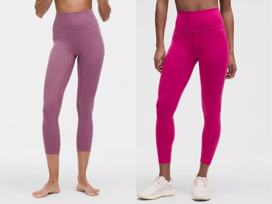 lower half of 2 women wearing different colors of leggings