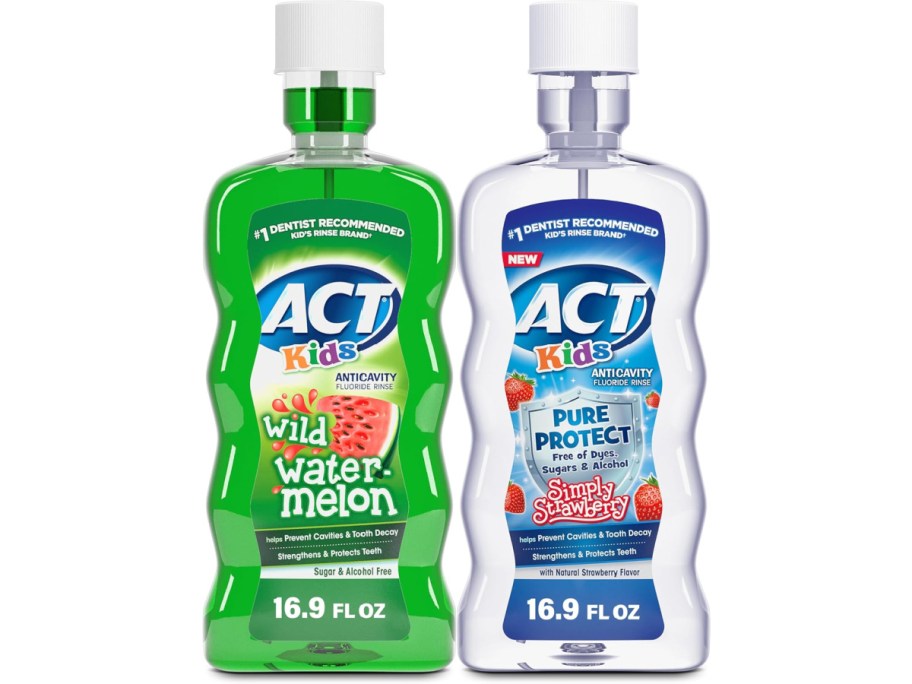 Two bottles of ACT kids mouthwash.