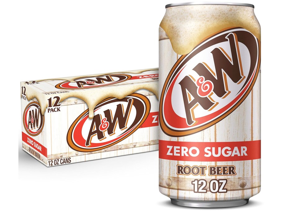 There is a case of A&W Zero Sugar Root beer, and there is a can in front of it