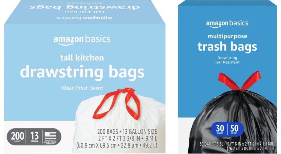 two boxes of Amazon Basics Drawstring Trash Bags