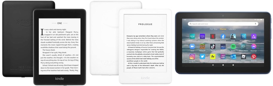 two kindles and a fire tablet