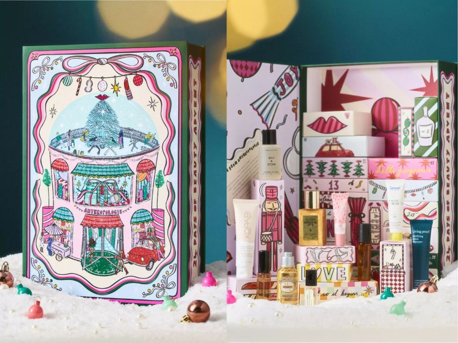 A variety of beauty products in front of an advent calendar