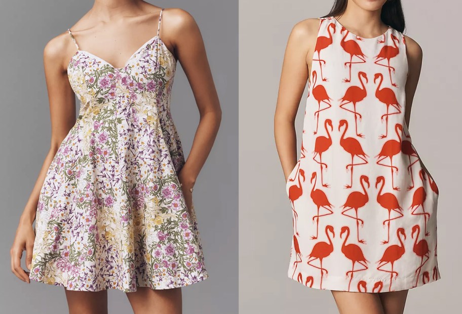 women in floral and flamingo print dresses