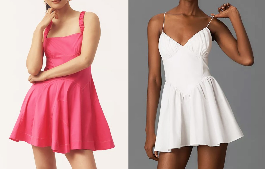 two women in pink and white mini dresses