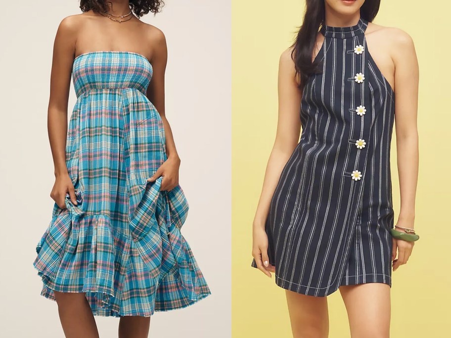 two women in plaid and striped dresses