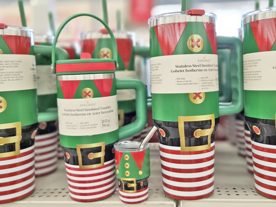 elf suit printed tumblers on store shelf