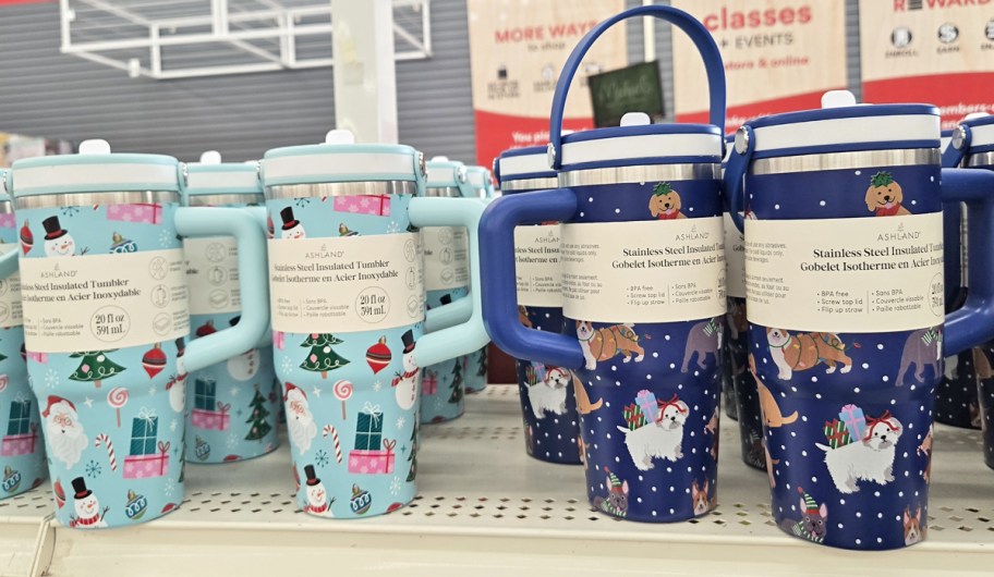 blue christmas print tumblers on store shelf