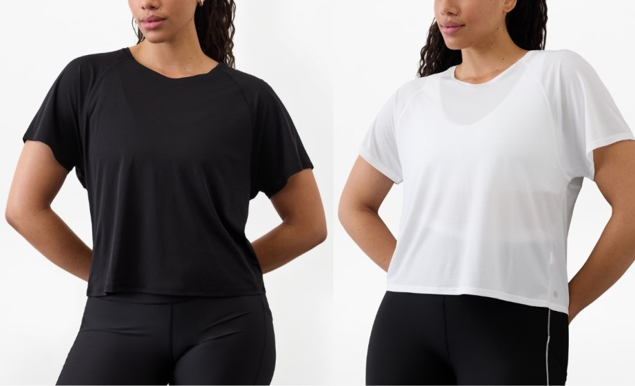 Two women wearing short-sleeved T-shirts