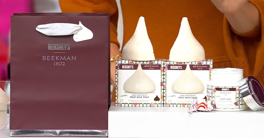 Beekman 1802 Hershey's soaps and body creams near a gift bag