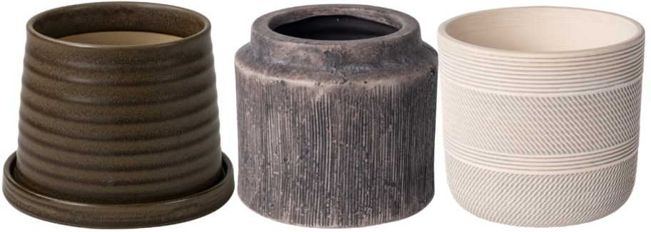 three round ceramic planters