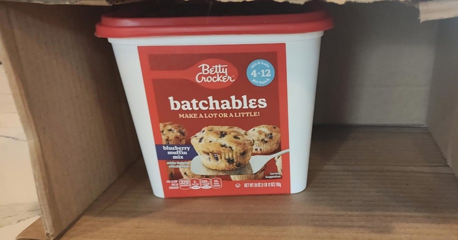 container of betty crocker blueberry muffin batchables mix inside cardboard box