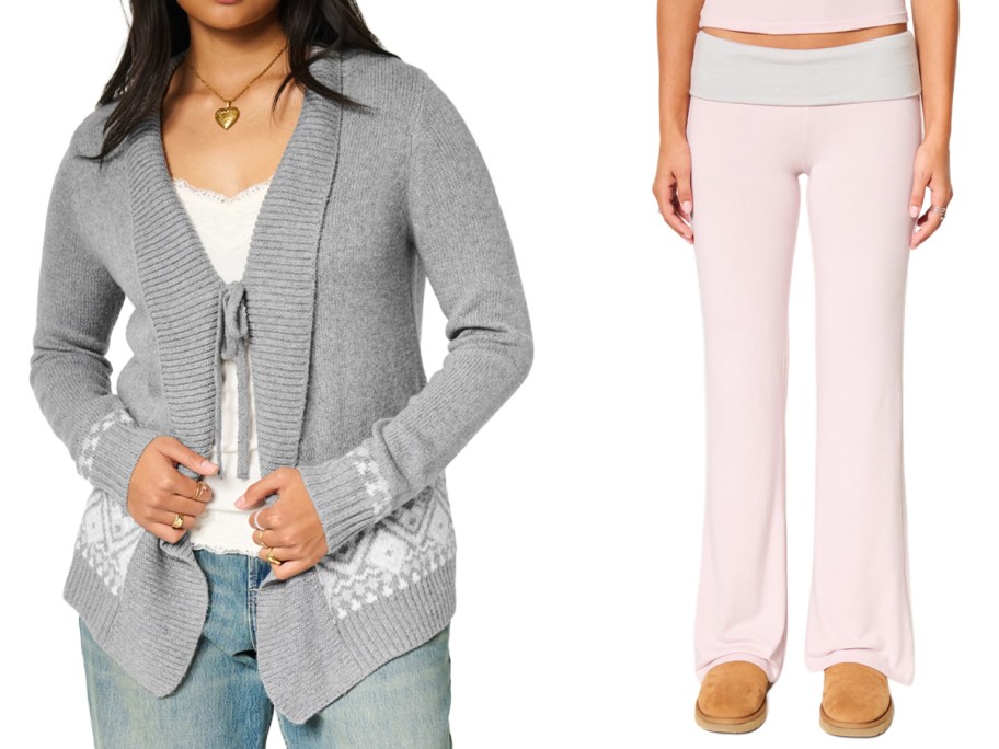 Boho Tie Front Cardigan and Always Cozy Knit Foldover Flare Pants in Lilac