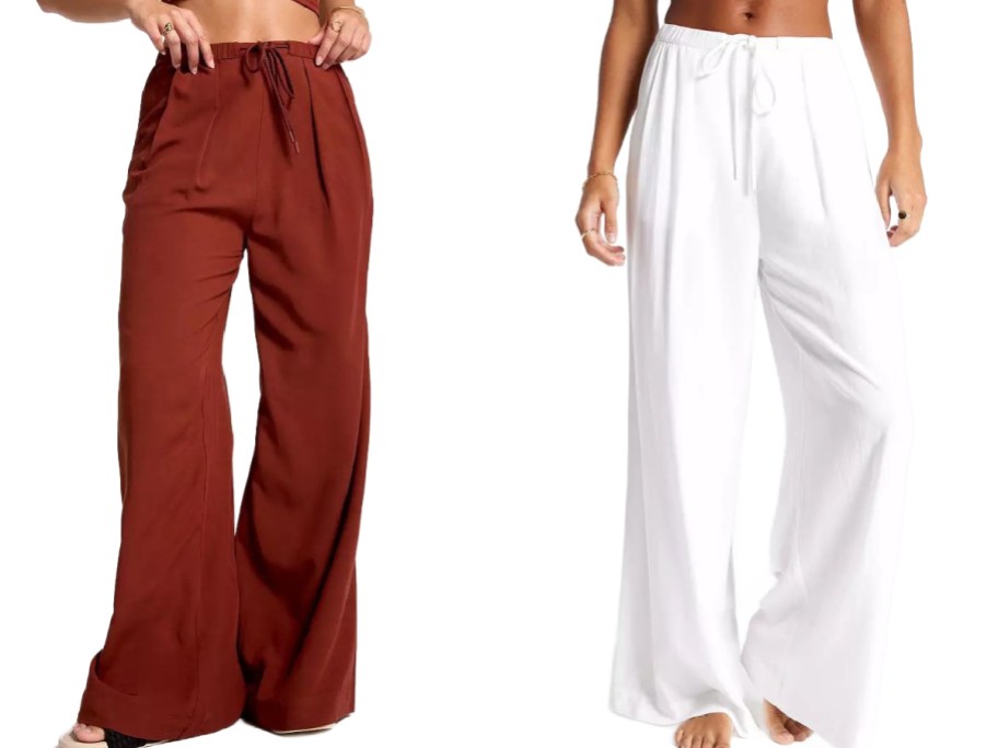Stock images of two women wearing Calia swim coverup wide leg pants