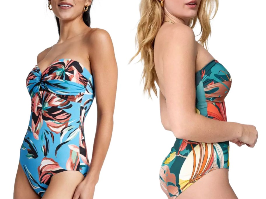 Stock images of two women wearing strapless calia swimsuits
