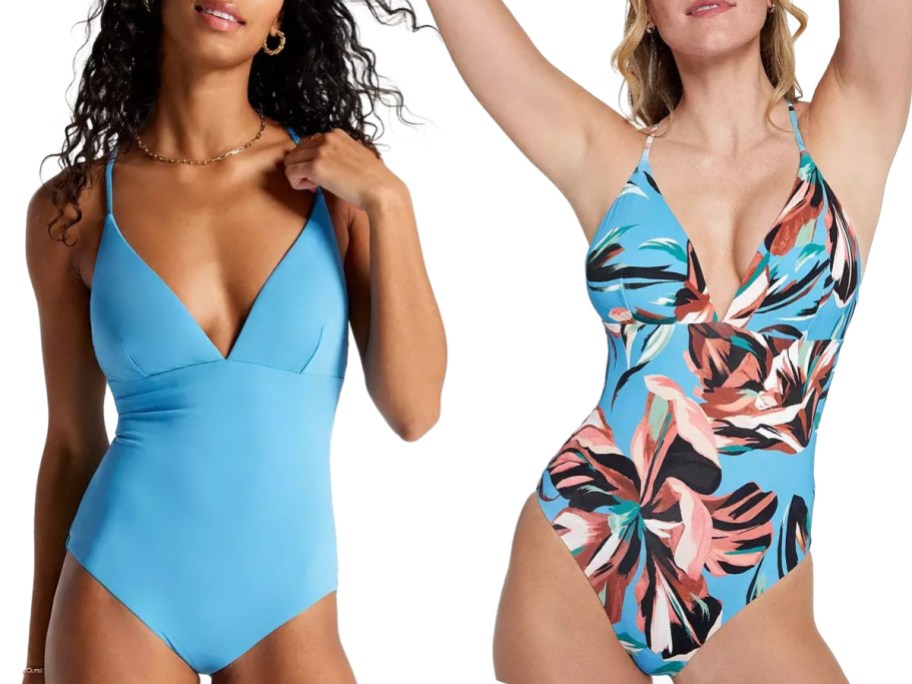 Stock images of two women wearing a Calia one-piece swimsuit