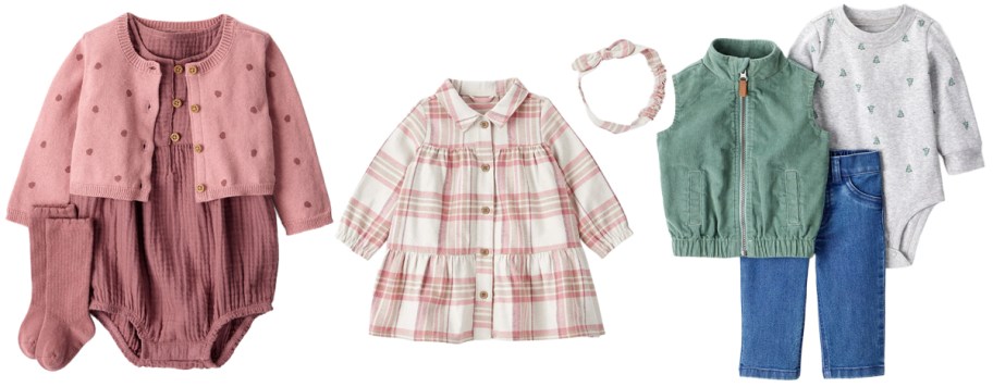 Carter's Baby Girl 3-Piece Acorn Print Short-Sleeve Dress Set, Carter's Baby Girl 2-Piece Plaid Cotton Long-Sleeve Dress Set, Carter's Baby Boy 3-Piece Corduroy Vest, Bodysuit & Pant Set