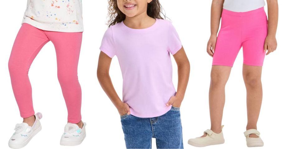 a toddler girl wearing a purple t-shirt surrounded by other kids wearing pants and shorts