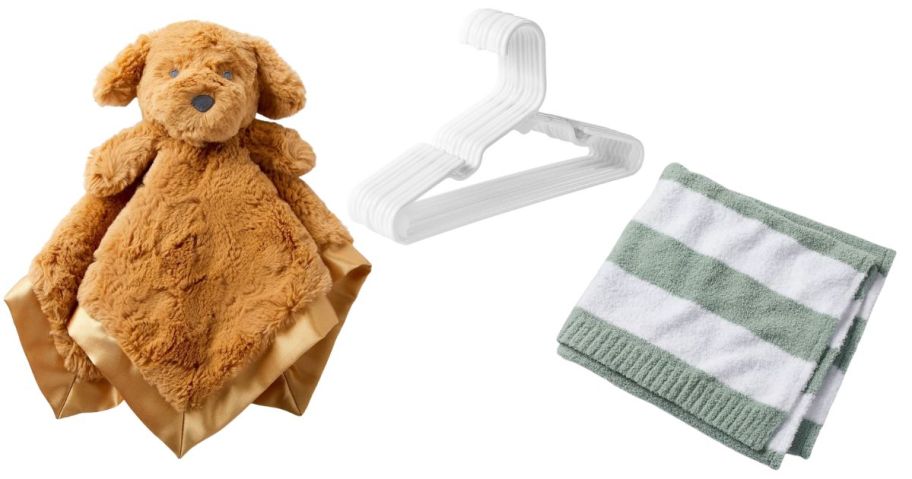 A brown dog lovey, white hangers, green striped blanket