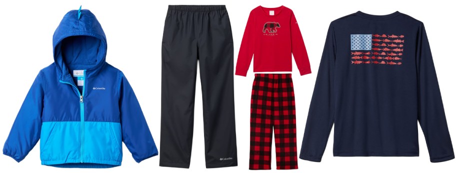 Columbia Toddler Kitterwibbit III Jacket, Kids' Trail Adventure Rain Pants, Kids' Fleece Pajamas Set, Boys' PFG Terminal Tackle Fish Flag Long Sleeve Shirt