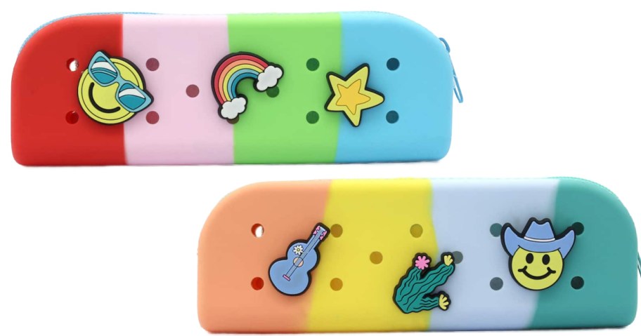 colorful pencil pouches with decals