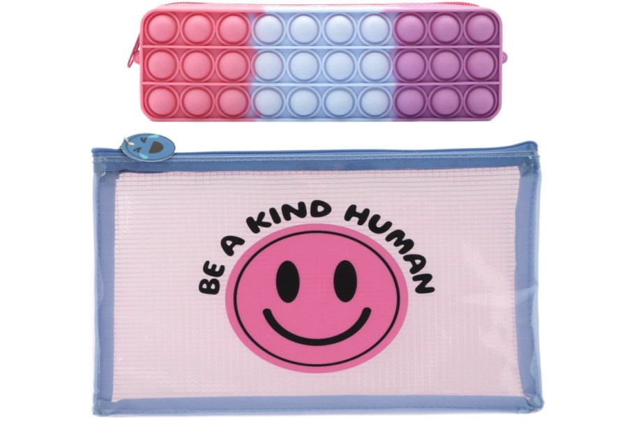 pin, blue, and purple silicone and smiley face pencil pouches