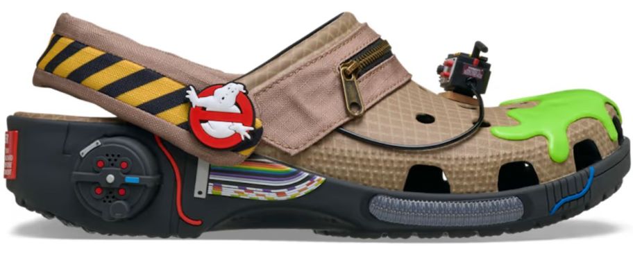 A brown and green Ghostbuster-themed croc clog