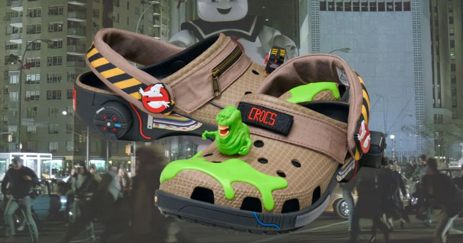A brown and green Ghostbuster-themed croc clog